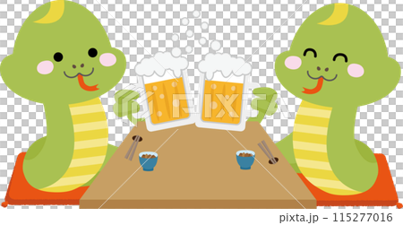 忘年会、新年会などの宴会でビールで乾杯する二匹の蛇 忘年会、新年会などの宴会でビールで乾杯する二匹の蛇 115277016