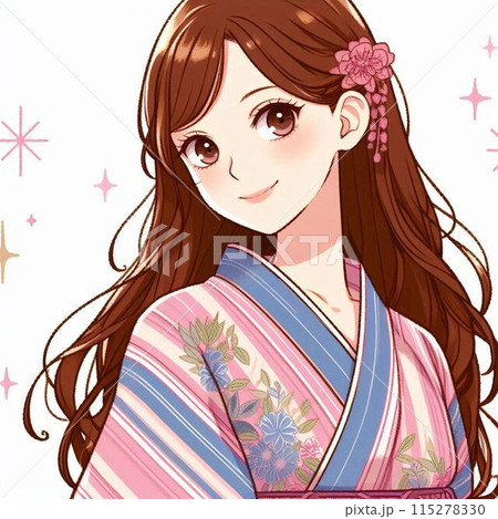 浴衣姿で微笑む茶髪の若い女性 115278330