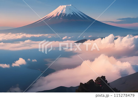富士山と茜色の雲海 115278479