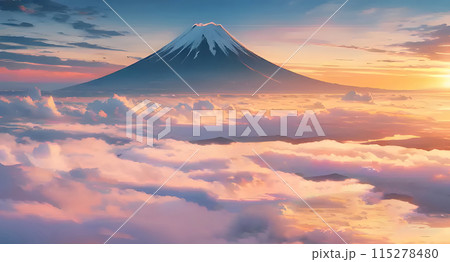 富士山と茜色の雲海 115278480