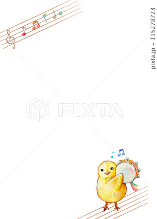 タンバリンを叩くヒヨコと音符のかわいいフレーム 115278723