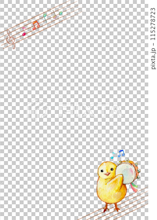 タンバリンを叩くヒヨコと音符のかわいいフレーム 115278723