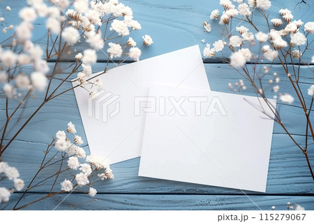 Card mockup, white blank wedding invitation with floral decor on bue wooden background. Greeting card mockup with white dried flowers on table 115279067