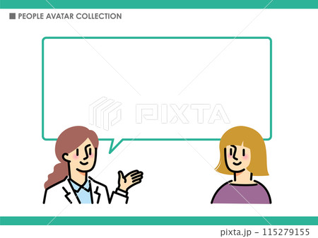 人物と吹き出し。説明する女性。 人物と吹き出し。説明する女性。 115279155