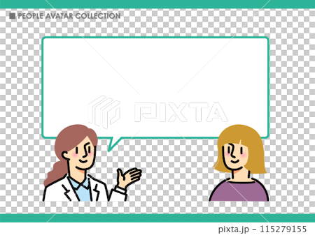 人物と吹き出し。説明する女性。 人物と吹き出し。説明する女性。 115279155