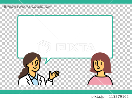 Characters and speech bubbles. A woman explaining. 115279162