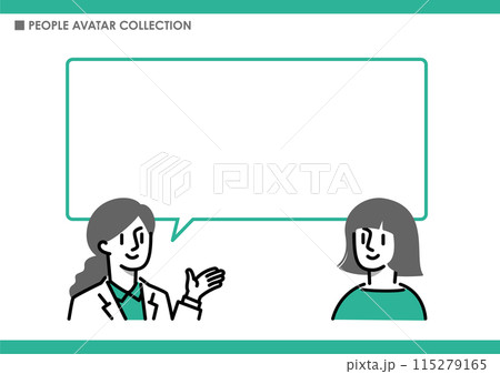 人物と吹き出し。説明する女性。 人物と吹き出し。説明する女性。 115279165