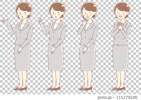 穿著西裝、表情各異、姿勢各異的女人[困惑的表情、驚訝、寬慰] 115279286