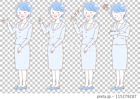 簡單的觸摸/穿著西裝的女人有各種表情和姿勢[藍色，微笑，好的，擔心] 115279287