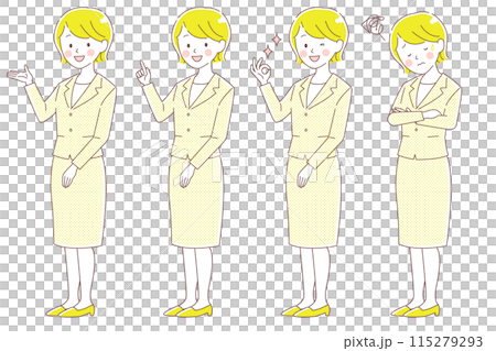 シンプルタッチ/色々な表情とポーズのスーツの女性【黄・笑顔・ok・悩む】 シンプルタッチ/色々な表情とポーズのスーツの女性【黄・笑顔・ok・悩む】 115279293