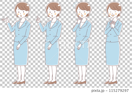 穿著西裝、表情各異、姿勢各異的女人[困惑的表情、驚訝、寬慰] 115279297