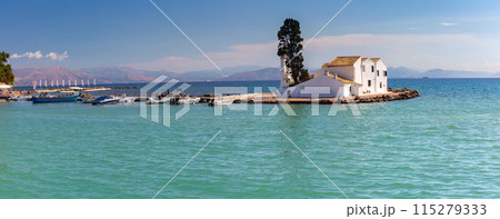 Boat Near Vlacherna Monastery, Corfu, Greece Boat Near Vlacherna Monastery, Corfu, Greece 115279333
