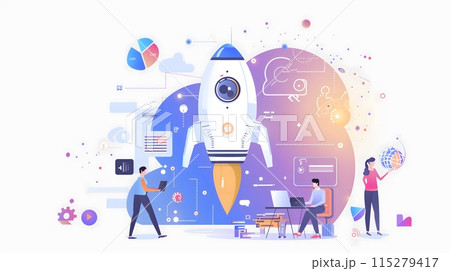 2D Illustration - Illustration of a rocket launching, surrounded by people and various tech-related icons 115279417