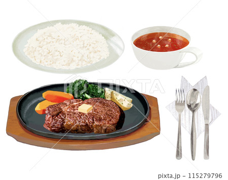 ステーキセット(ライス、スープ、カトラリー付き) ステーキセット(ライス、スープ、カトラリー付き) 115279796
