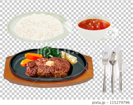 ステーキセット(ライス、スープ、カトラリー付き) ステーキセット(ライス、スープ、カトラリー付き) 115279796