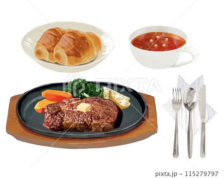 ステーキセット(パン、スープ、カトラリー付き) ステーキセット(パン、スープ、カトラリー付き) 115279797
