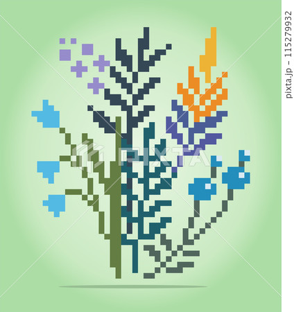 8 bit pixel leaf ornaments. leaf and flowers for cross stitch patterns, in vector illustrations. 115279932