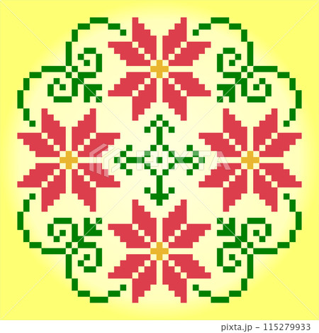 8 bit pixel flower ornaments. Circle of flowers for cross stitch patterns, in vector illustrations. 115279933