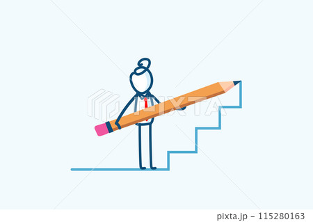businessman stick figure character uses a large pencil to draw stairs. Business development strategies career path to achieve goals. hand drawn style vector doodle illustration 115280163