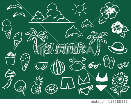 かわいい夏のアイテムセット　黒板に白チョーク風 115280181