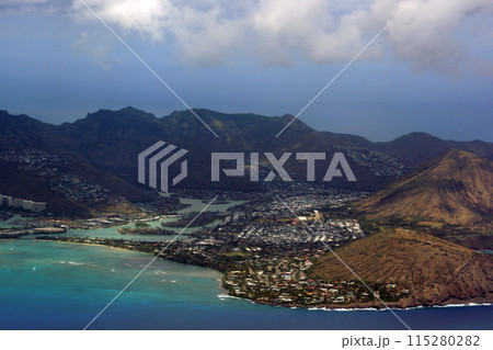 Aerial view of Kuapa Pond, Hawaii Kai Town, Portlock, clouds and Pacific Ocean on Oahu, Hawaii 115280282