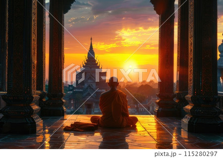 Thai Buddhist monk praying at sunrise while sitting on the balcony. AI-generated content. 115280297