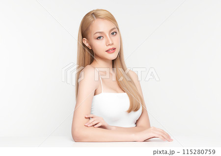 Beautiful young asian woman with clean fresh skin on white background, Face care, Facial treatment, Cosmetology, beauty and spa, Asian women portrait. 115280759