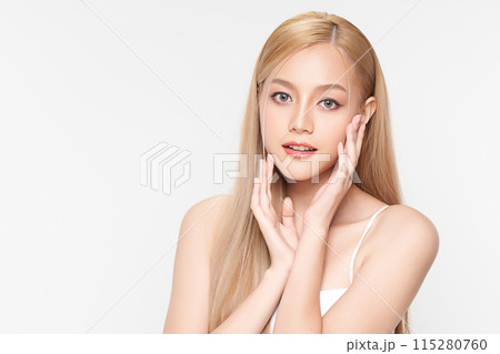 Beautiful young asian woman with clean fresh skin on white background, Face care, Facial treatment, Cosmetology, beauty and spa, Asian women portrait. Beautiful young asian woman with clean fresh skin on white background, Face care, Facial treatment, Cosmetology, beauty and spa, Asian women portrait. 115280760
