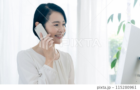 スマホで会話をするビジネスウーマン 115280961