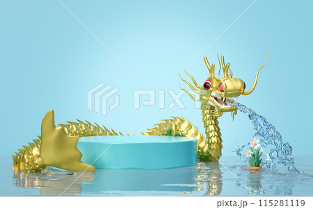 Podium empty with golden dragon spraying water, flower pot isolated on blue background. cosmetic display product stage, 3d illustration render Podium empty with golden dragon spraying water, flower pot isolated on blue background. cosmetic display product stage, 3d illustration render 115281119