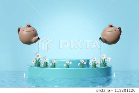 Podium empty with teapot, flower pot isolated on blue background. cosmetic display product stage, 3d illustration render Podium empty with teapot, flower pot isolated on blue background. cosmetic display product stage, 3d illustration render 115281120