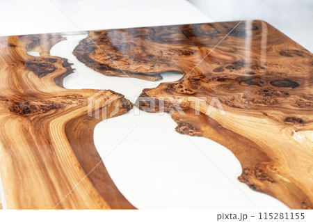 Live edge elm burl slab table top with central epoxy resin river 115281155
