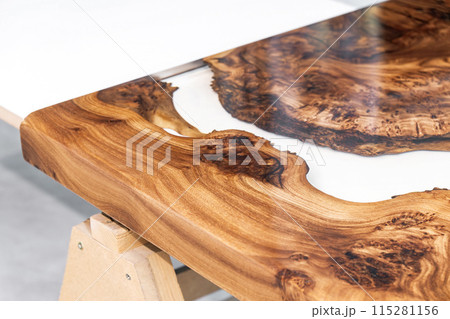 Live edge elm burl slab table top with central epoxy resin river 115281156