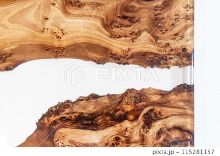 Live edge elm burl slab table top with central epoxy resin river 115281157