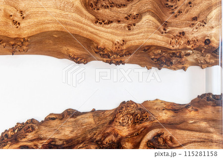 Live edge elm burl slab table top with central epoxy resin river 115281158