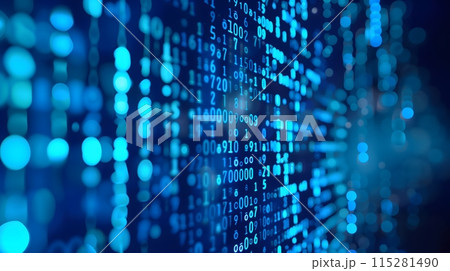 Abstract Background - Detailed view of glowing binary digits in blue, forming an intricate digital pattern 115281490