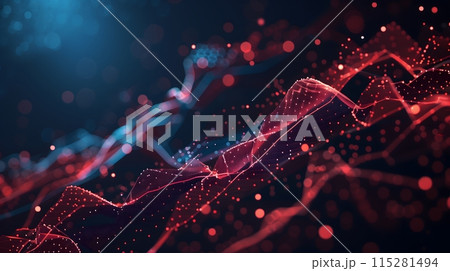 Abstract Background - A dark, digital landscape with red and blue lines, dots, and waves, creating a sense of depth and motion 115281494