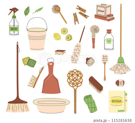 Eco-friendly cleaning products set. Organic natural ecological cleaners. Green housework stuf. Flat vector illustration 115281638