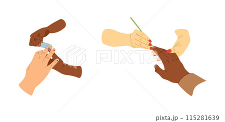 Specialist with nail tools making manicure for men. Vector set in flat style. Male manicure, trendy nails 115281639