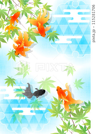暑中見舞い、金魚、青紅葉、和風、イラスト、かわいい、縦 暑中見舞い、金魚、青紅葉、和風、イラスト、かわいい、縦 115281706