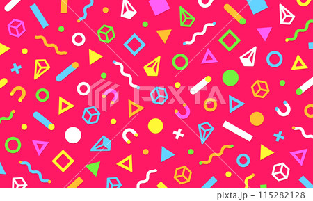 お洒落でポップな幾何学模様。エネルギッシュでパワフルな色味。メンフィススタイルの背景素材。 115282128