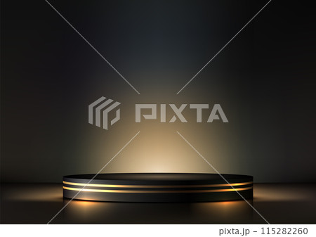 Luxury 3D Sleek Black Podium with Gold Trim Under Spotlight for Product Display, Showroom, Showcase 115282260