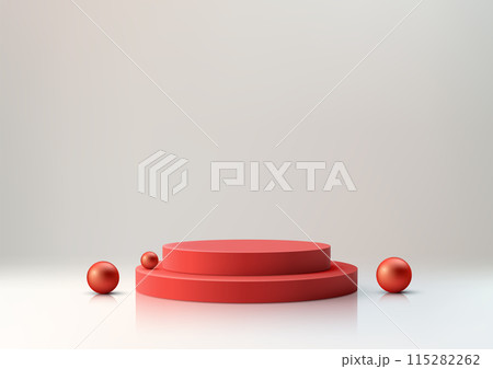 3D Red Podium with Red Spheres on Clean White Background for Modern Product Display, Mockup 115282262