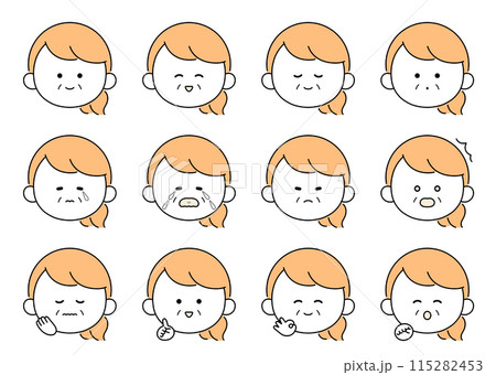 かわいい中年女性の表情・ポーズ12種類セットイラスト 115282453
