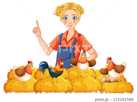 Farmer with Chickens on Hay 115282566