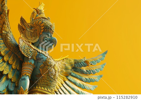 A large ornate bird sculpture with a menacing face is carved into a red stone with Generative AI A large ornate bird sculpture with a menacing face is carved into a red stone with Generative AI 115282910