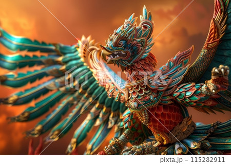 A large ornate bird sculpture with a menacing face is carved into a red stone with Generative AI 115282911