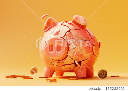 A broken piggy bank with a pile of coins on the...のイラスト素材 [115282992 ...