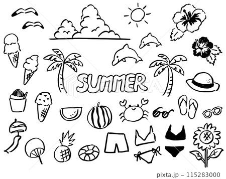 夏のかわいいモノクロ線画アイコンセット　 115283000