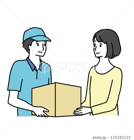 配達員から荷物を受け取る若い女性の線画イラスト 配達員から荷物を受け取る若い女性の線画イラスト 115283115